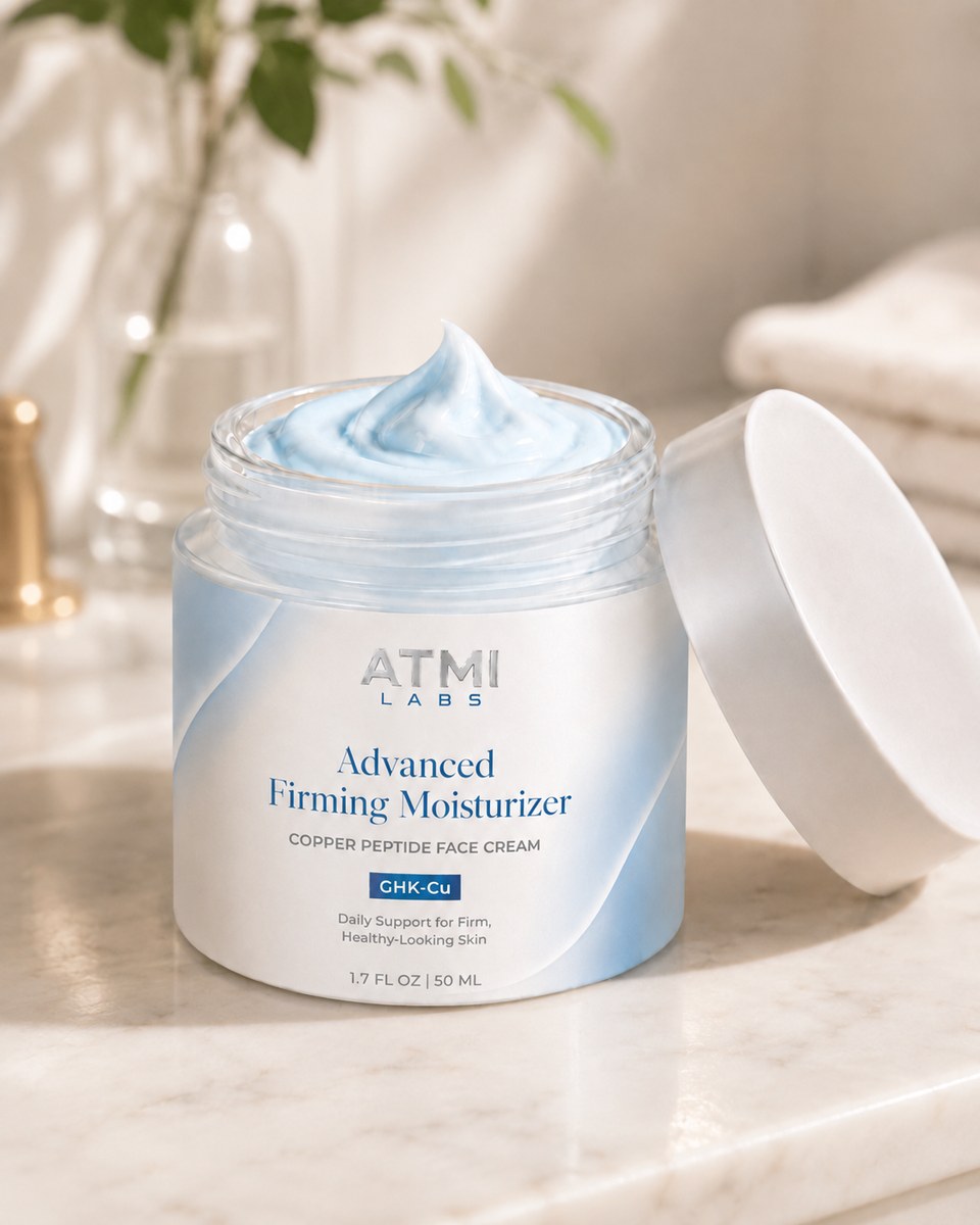 ATMI Labs GHK-Cu Advanced Firming Moisturizer jar with pale blue cream and white lid on a marble vanity