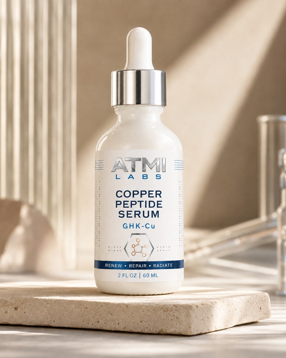 ATMI Labs GHK-Cu Copper Peptide Serum in a white glass bottle with a silver dropper cap